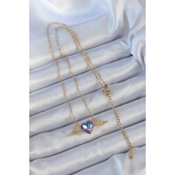 316L Çelik Zincir Altın Renk Mavi Mor Zirkon Taşlı Kanatlı Kalp Kolye