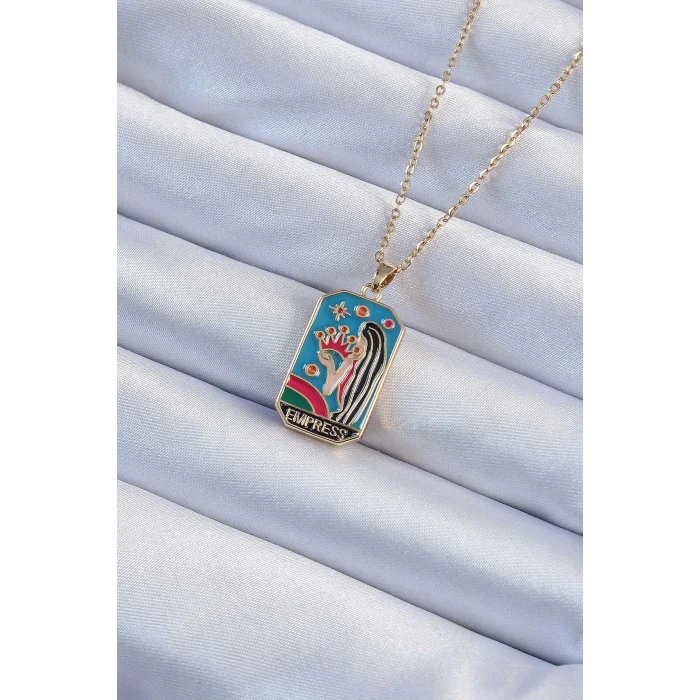 316L Çelik Zincir Altın Renk Taç ve Kız Figürlü Renkli Mineli Tarot Kolye