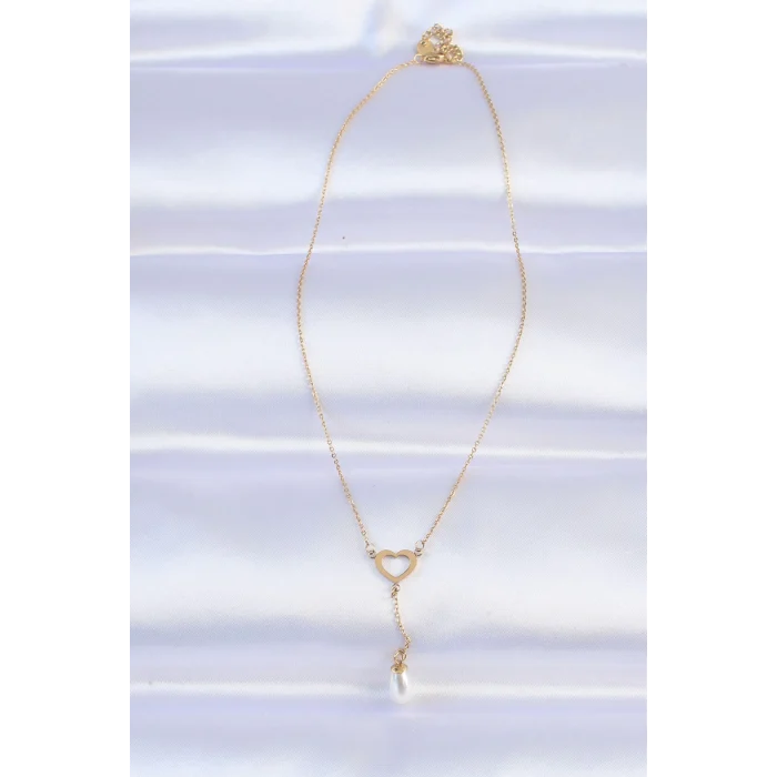 316L Çelik Zincir Gold Renk İnci Taş Detay Kalp Kolye