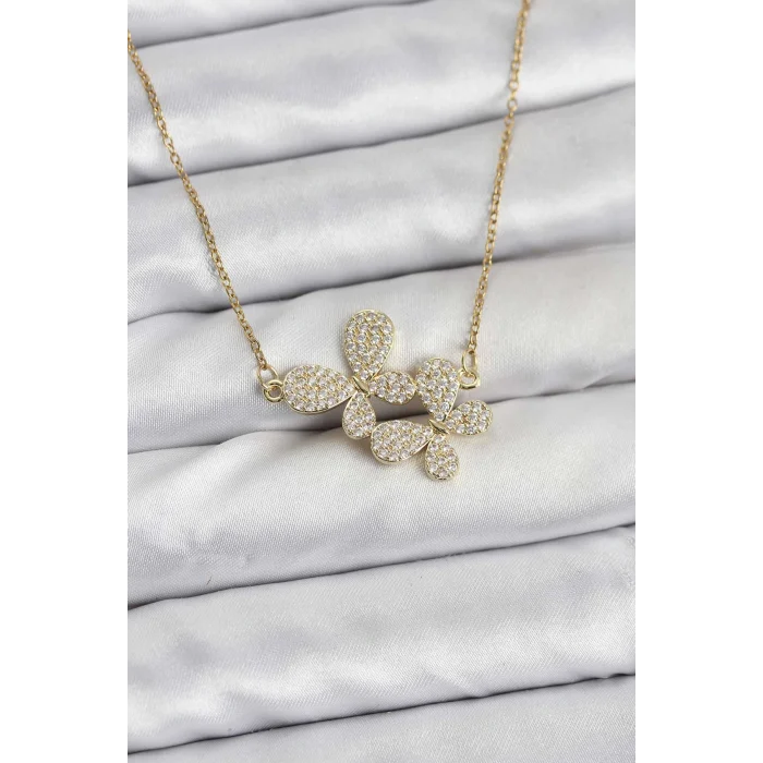 316L Çelik Zincir Gold Renk Zirkon Taşlı Kelebek Model Kadın Kolye