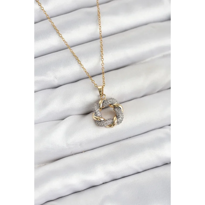 316L Çelik Zincir Gold Renk Zirkon Taşlı Sarmal Model Kadın Kolye