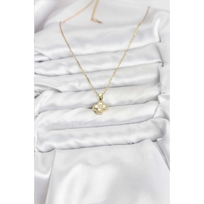 316L Çelik Zincir Gold Renk Zirkon Taşlı Yonca Model Kadın Kolye