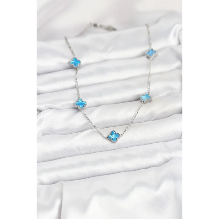 316L Çelik Zincir Gümüş Renk Buz Mavisi Baby Boy Yonca Kadın Kolye