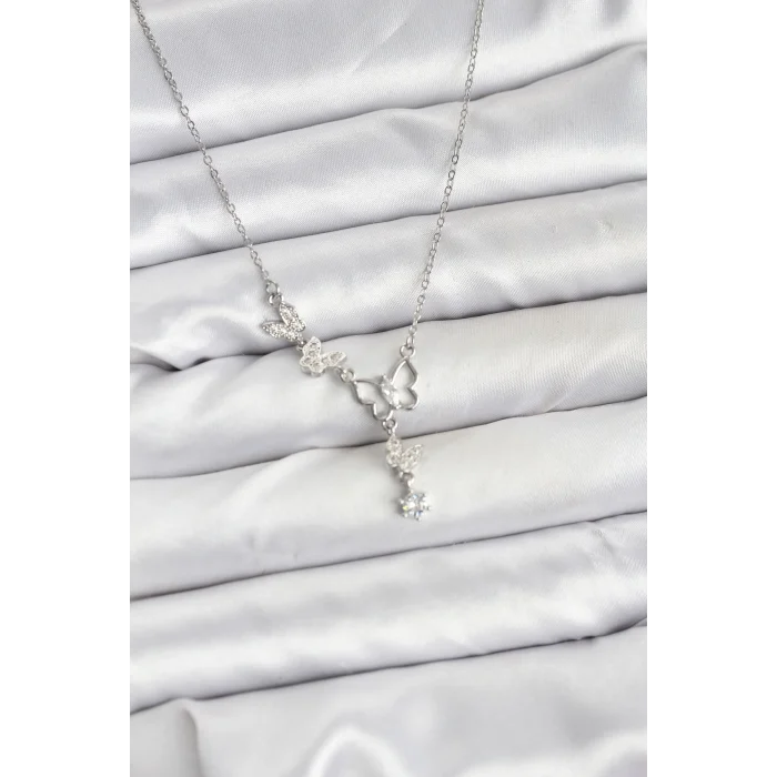 316L Çelik Zincir Gümüş Renk Kelebek Model Kadın Kolye