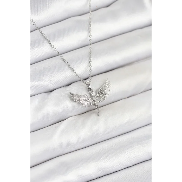 316L Çelik Zincir Gümüş Renk Melek Model Kadın Kolye