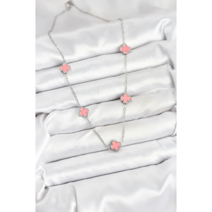 316l Çelik Zincir Gümüş Renk Pembe Baby Boy Yonca Kadın Kolye