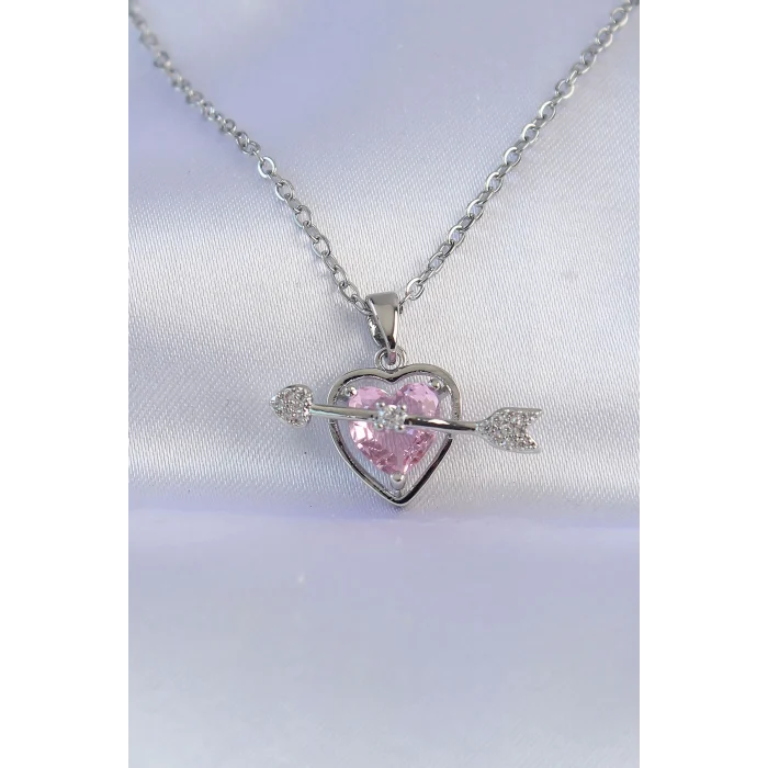 316L Çelik Zincir Gümüş Renk Pembe Zirkon Taşlı Eros Kolye