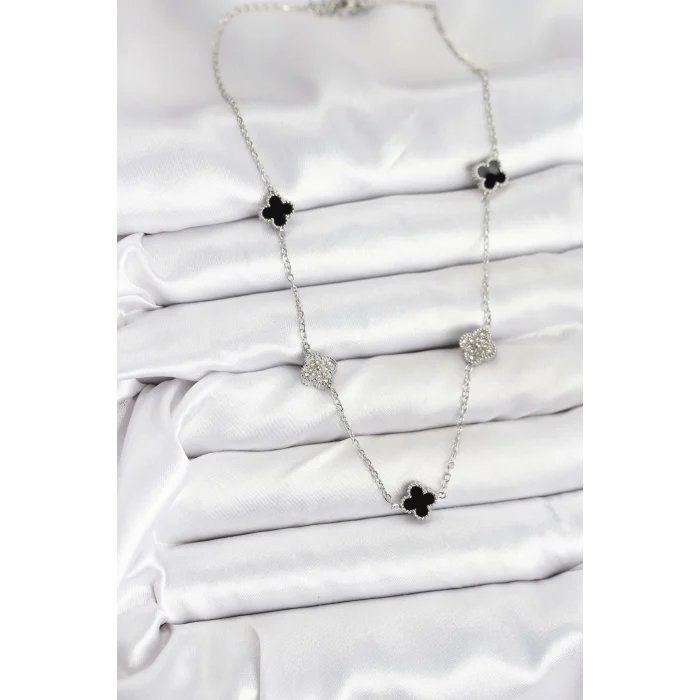 316L Çelik Zincir Gümüş Renk Siyah ve Zirkon Taşlı Baby Boy Yonca Kadın Kolye