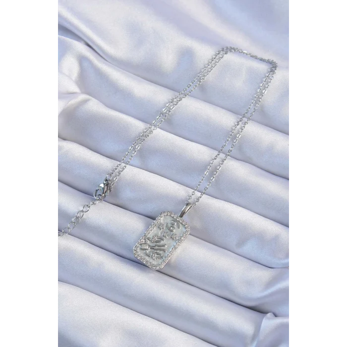 316l Çelik Zincir Gümüş Renk Zirkon Taşlı Çerçeveli Tarot Kolye