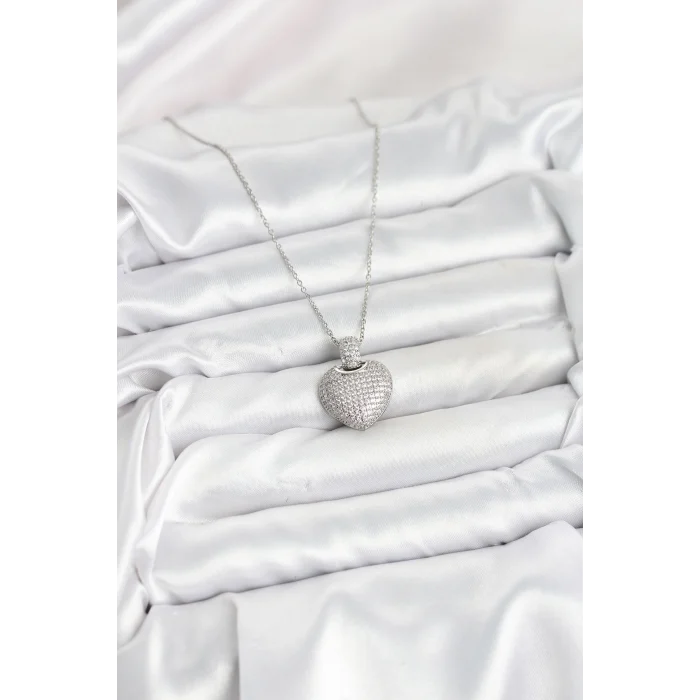 316L Çelik Zincir Gümüş Renk Zirkon Taşlı Kalpli Kadın Kolye