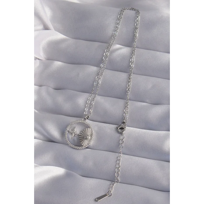 316L Çelik Zincir Gümüş Renk Zirkon Taşlı Yıldız Figürlü Oval Kolye