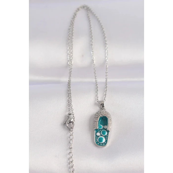 316L Çelik Zincir Zirkon Taşlı Gümüş Renk Nazarlı Terlik Tasarımlı Kolye