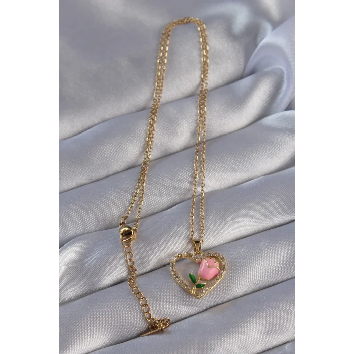 316L Çelik Zincirli Gold Renk Zirkon Taşlı Kalp İçinde Pembe Gül Tasarımlı Kolye