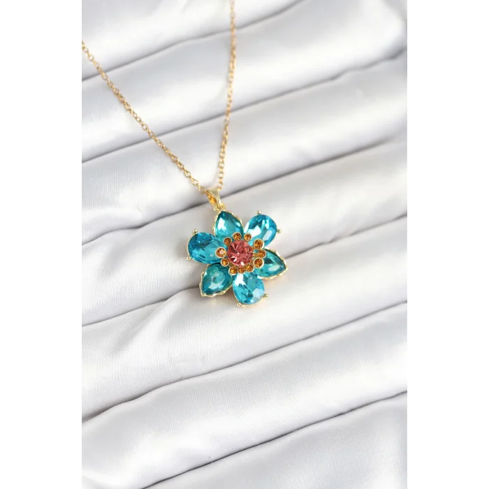 316L Çelik Zincirli Mavi Çiçek Model Kadın Kolye