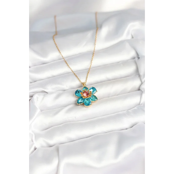316L Çelik Zincirli Mavi Çiçek Model Kadın Kolye