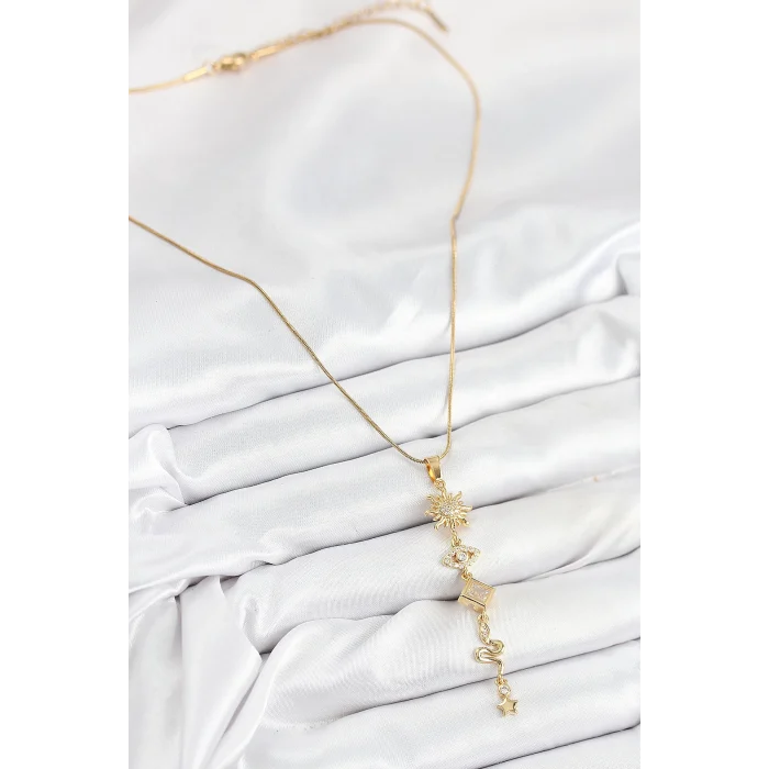 316L Çelik Zirkon Taşlı Güneş Ve Ay Enerji Model Gold Renk Kadın Kolye