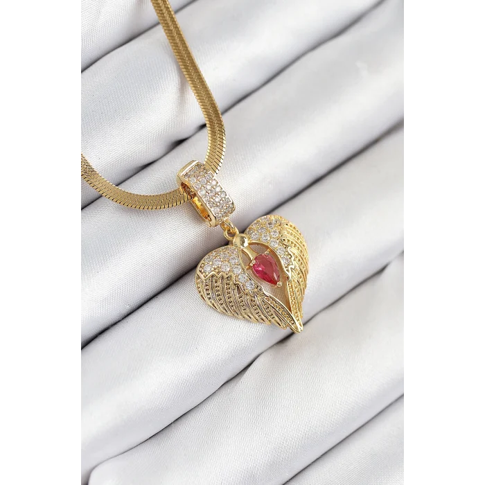 316L Çelik Zirkon Taşlı Kanatlı Kalp Model Gold Renk Kadın Kolye