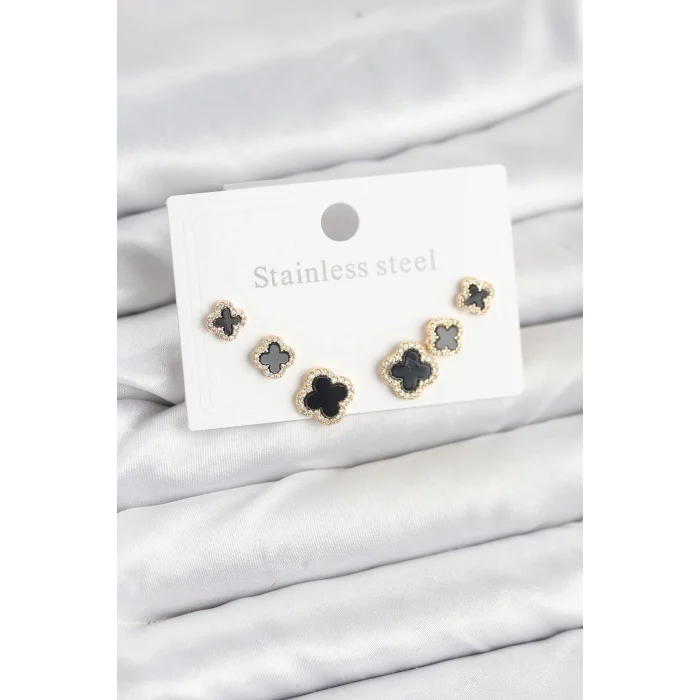 316L Çelik Zirkon Taşlı Yonca Model Kadın Küpe Seti