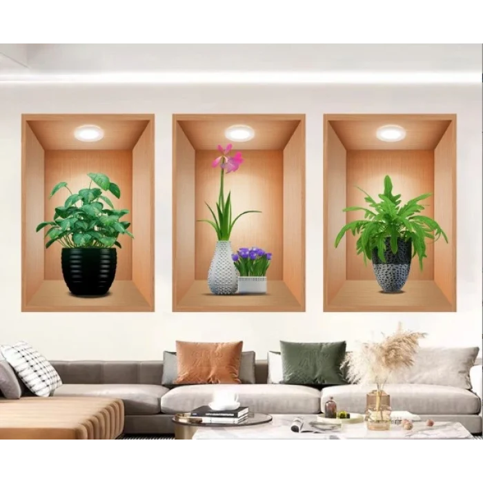 3d Çiçek Vazo Duvar Sticker 3 Lü Set Kahverengi Fon