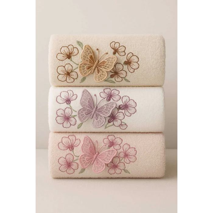 3lü Lüks &#37;100 Pamuklu Mutfak Havlusu Seti 3D Kelebek Aplikeli 30x50 Cm