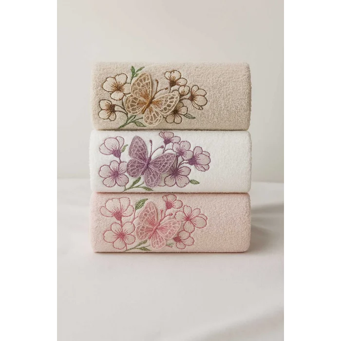 3lü Lüks &#37;100 Pamuklu Mutfak Havlusu Seti 3D Kelebek Aplikeli 30x50 Cm