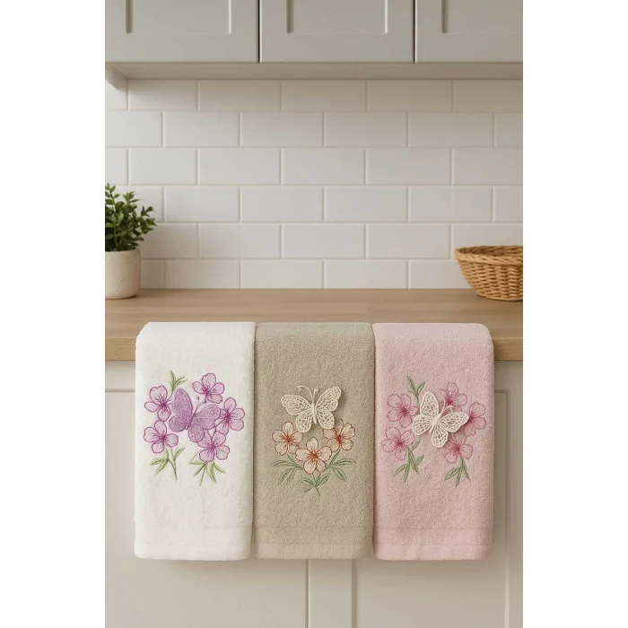 3lü Lüks &#37;100 Pamuklu Mutfak Havlusu Seti 3D Kelebek Aplikeli 30x50 Cm