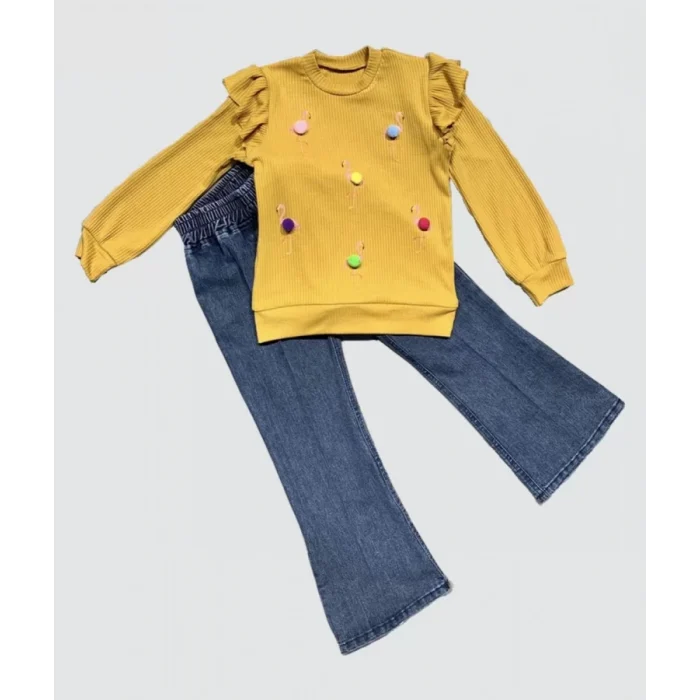 Luz&Pos 4-5-6 Yaş Kot Pantolonlu Flamingo Desenli Penye Sweat Uzun Kollu 2li Kız Çocuk Takımı Hardal
