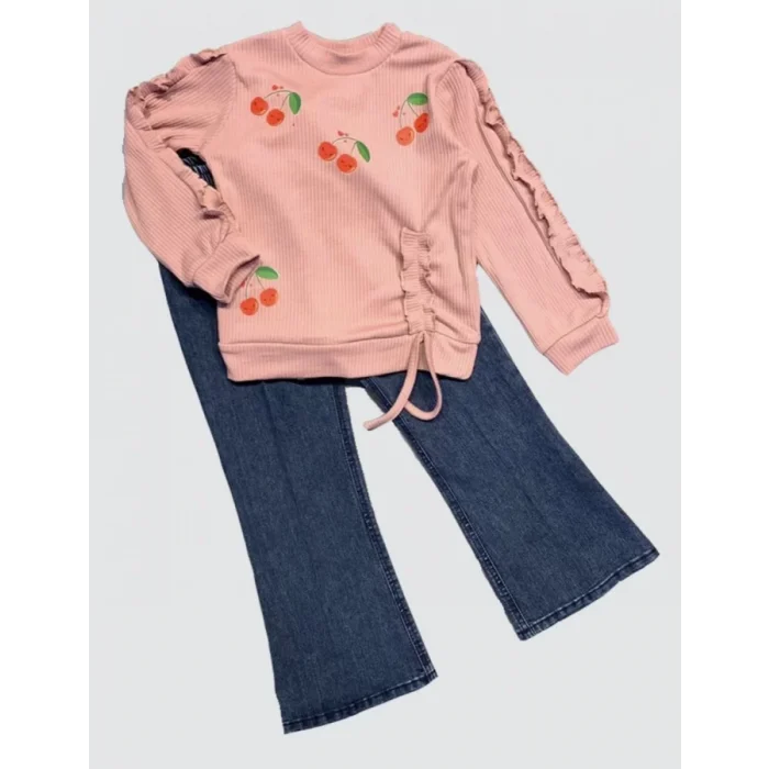 Luz&Pos 4-5-6 Yaş Kot Pantolonlu Kiraz Desenli Penye Sweat Uzun Kollu 2li Kız Çocuk Takımı Gül Kurusu