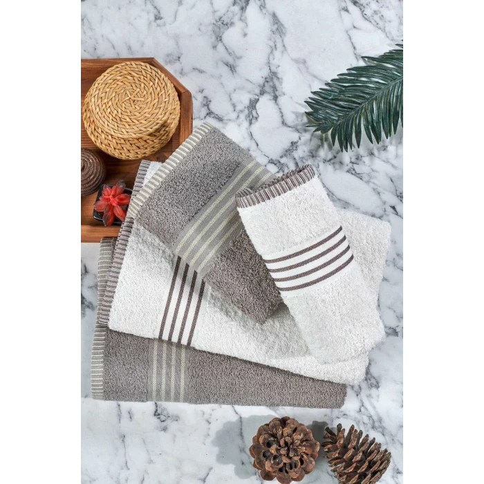 4 lü Kadın Erkek Banyo Havlusu Takımı Oscar Bej-Krem