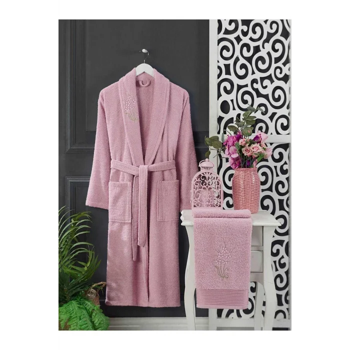 4 Parça Aile Bornoz Seti Kadın Erkek Havlulu Bornoz Takımı 100 Lacivert Pembe