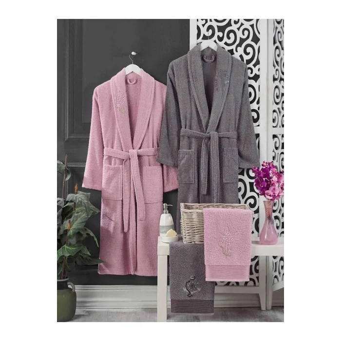 4 Parça Aile Bornoz Seti Kadın Erkek Havlulu Bornoz Takımı 100 Pembe Gri