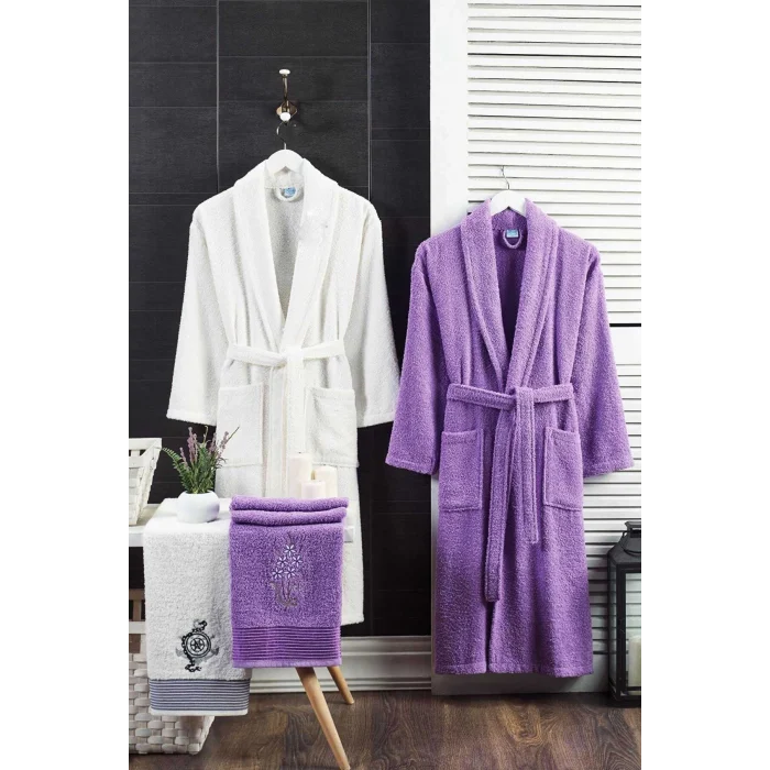 4 Parça Aile Bornoz Seti Kadın Erkek Havlulu Bornoz Takımı  Beyaz Lavanta