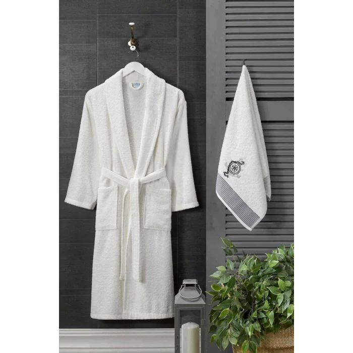 4 Parça Aile Bornoz Seti Kadın Erkek Havlulu Bornoz Takımı Beyaz Set