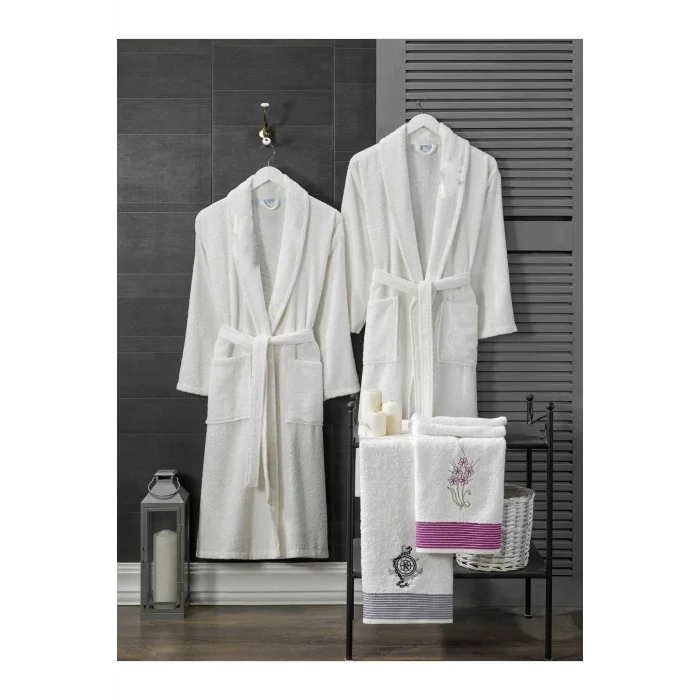 4 Parça Aile Bornoz Seti Kadın Erkek Havlulu Bornoz Takımı Beyaz Set