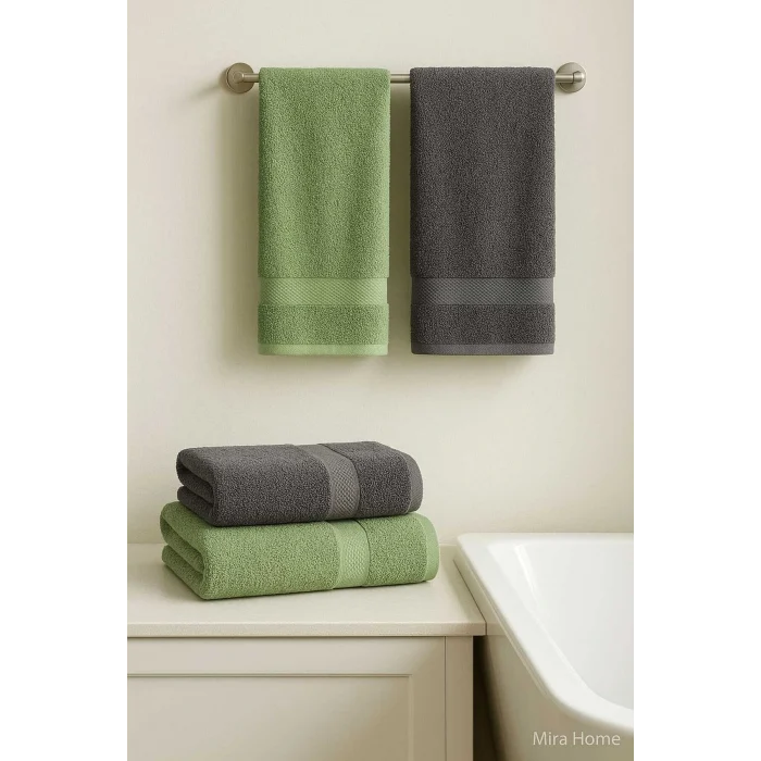 4 Parça Banyo Havlu Takımı %100 Pamuklu Dry Antrasit Yeşil