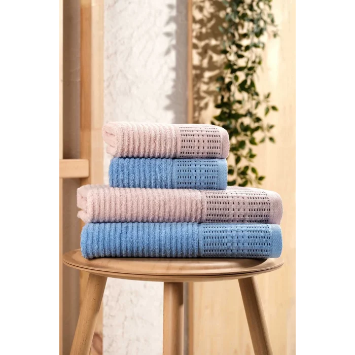 4 Parça Büyük Boy Banyo Havlu Takımı &#37;100 Pamuklu Marena Mavi Pudra