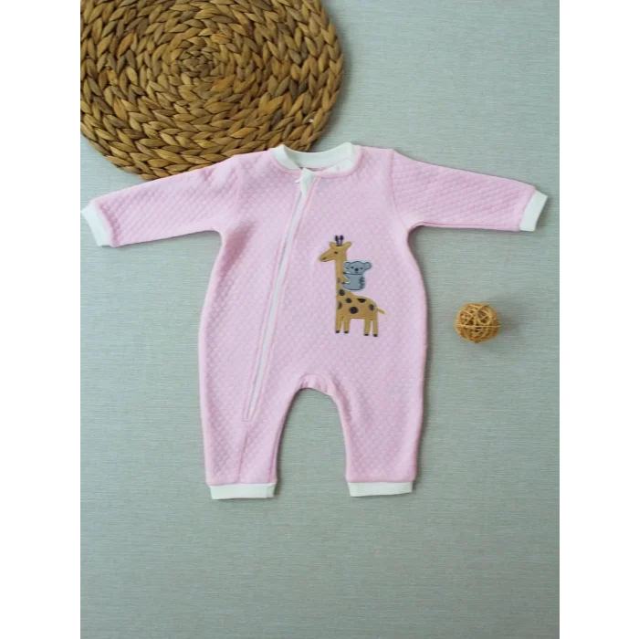 Luz&Pos 6-9 12-18 18-24 24-36 Ay Animal Nakışlı Bal Peteği Kumaş Es Fermuarlı Kız Bebek Tulumu Pembe