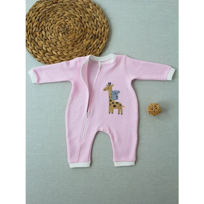 Luz&Pos 6-9 12-18 18-24 24-36 Ay Animal Nakışlı Bal Peteği Kumaş Es Fermuarlı Kız Bebek Tulumu Pembe