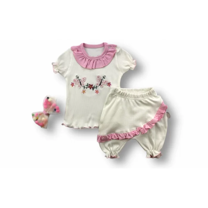 Luz&Pos 6-9 9-12 12-18 Ay Çiçek Nakışlı Roman Şalvar Bandanalı Kısa Kollu Sweat 3lü Kız Bebek Takımı Pembe