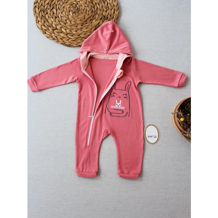 Luz&Pos 6-9 9-12 Ay Ef Çizgi Boy Fermuarlı Tavşan Nakışlı Kapşonlu Kız Erkek Bebek Tulumu Gül Kurusu