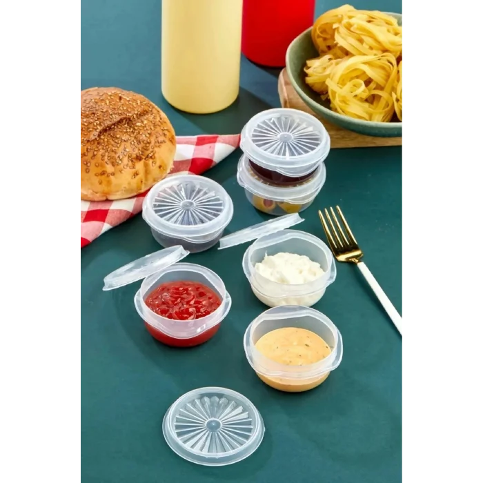 6 Lı Yelpaze Kapaklı Şeffaf Mini Sosluk- Ketçap Mayonez Kabı- Kahve Yanı Şeker Lokumluk