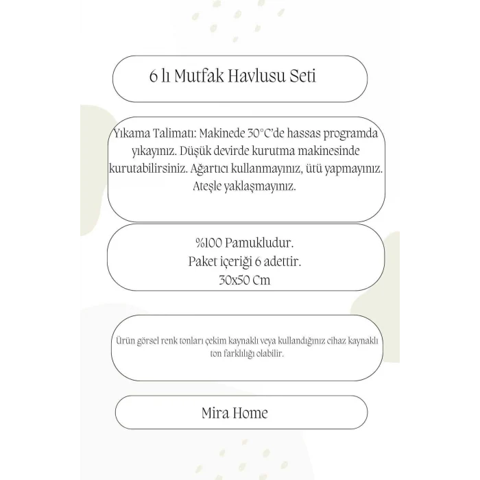 6 Parça Mutfak Havlusu Seti &#37;100 Pamuklu Baklava