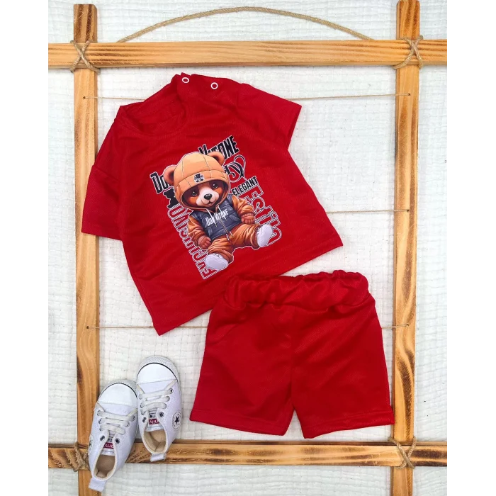 Luz&Pos 9-12-18-24 Ay Dansçı Ayıcık Baskılı Şortlu Kısa Kollu Tişört 2li Erkek Bebek Takımı