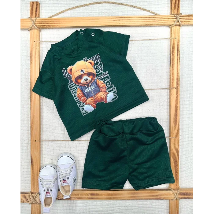 Luz&Pos 9-12-18-24 Ay Dansçı Ayıcık Baskılı Şortlu Kısa Kollu Tişört 2li Erkek Bebek Takımı