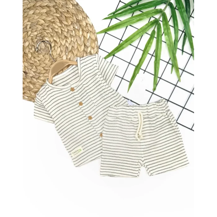 Luz&Pos 9-12-18-24 Ay Düğme Detaylı Çizgili Müslin Kumaş Yazlık 2li Erkek Bebek Takımı