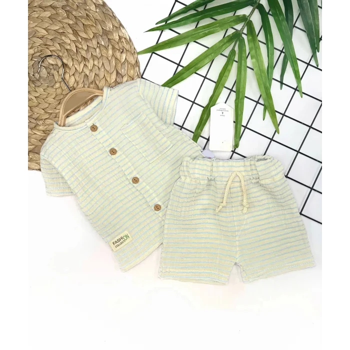 Luz&Pos 9-12-18-24 Ay Düğme Detaylı Çizgili Müslin Kumaş Yazlık 2li Erkek Bebek Takımı