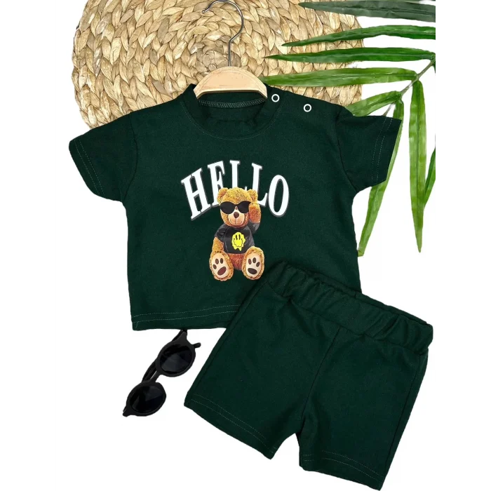 Luz&Pos 9-12-18-24 Ay Hello Gözlüklü Ayıcık Baskılı Şortlu Kısa Kollu Tişört 2li Erkek Bebek Takımı