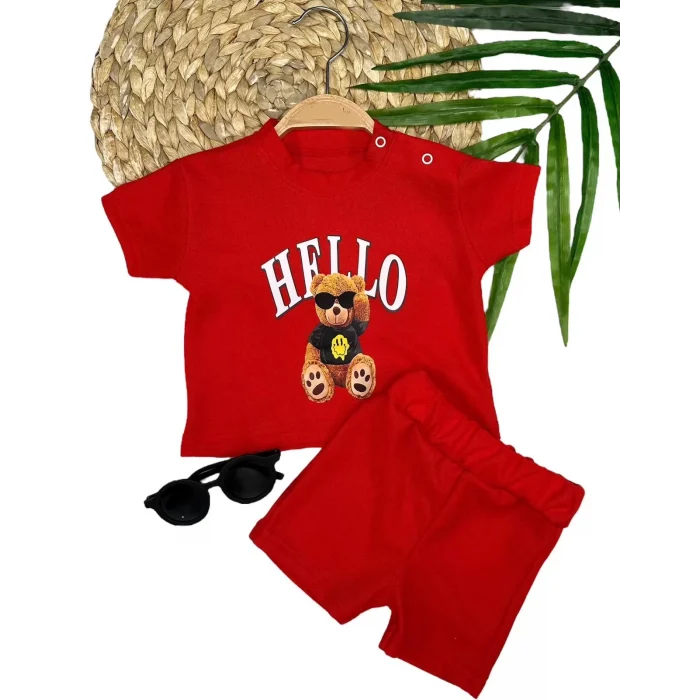 Luz&Pos 9-12-18-24 Ay Hello Gözlüklü Ayıcık Baskılı Şortlu Kısa Kollu Tişört 2li Erkek Bebek Takımı