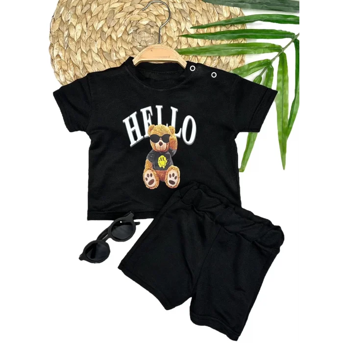 Luz&Pos 9-12-18-24 Ay Hello Gözlüklü Ayıcık Baskılı Şortlu Kısa Kollu Tişört 2li Erkek Bebek Takımı
