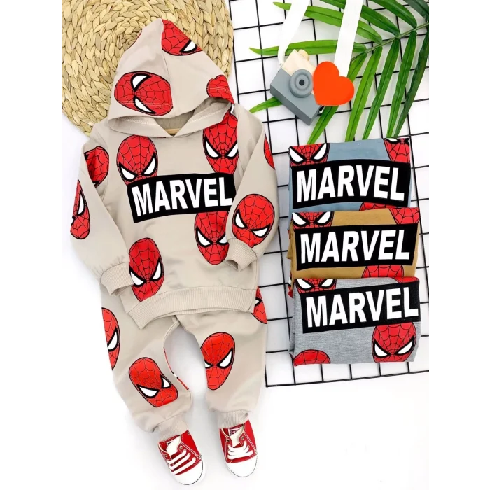 Luz&Pos 9-12-18-24 Ay Kapşonlu Örümcek Adam Baskılı Uzun Kollu 3lü Kız Erkek Bebek Takımı Hardal